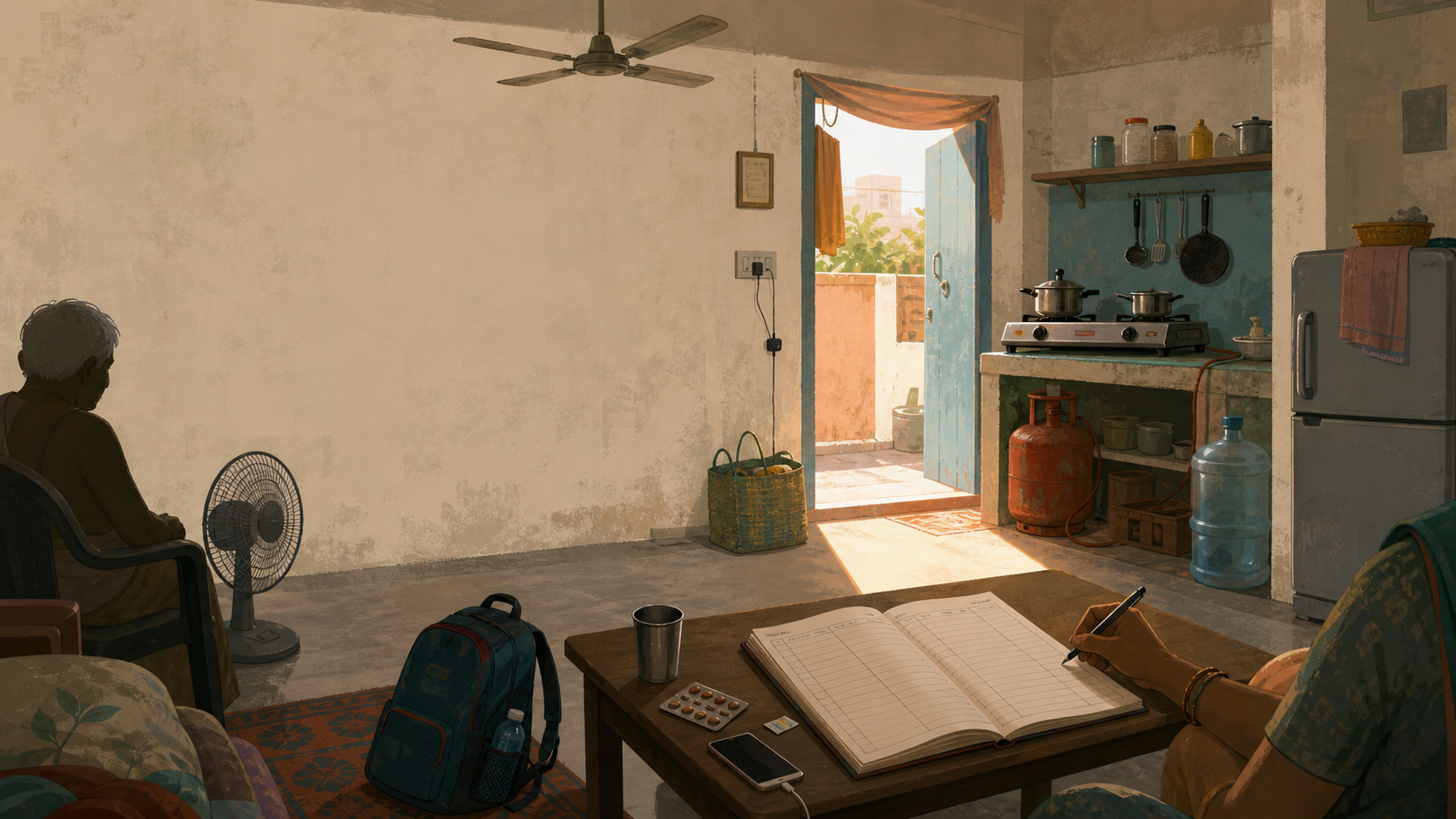 Editorial illustration of a Bhubaneswar household ledger table with heat, LPG, fridge, fan, and school objects