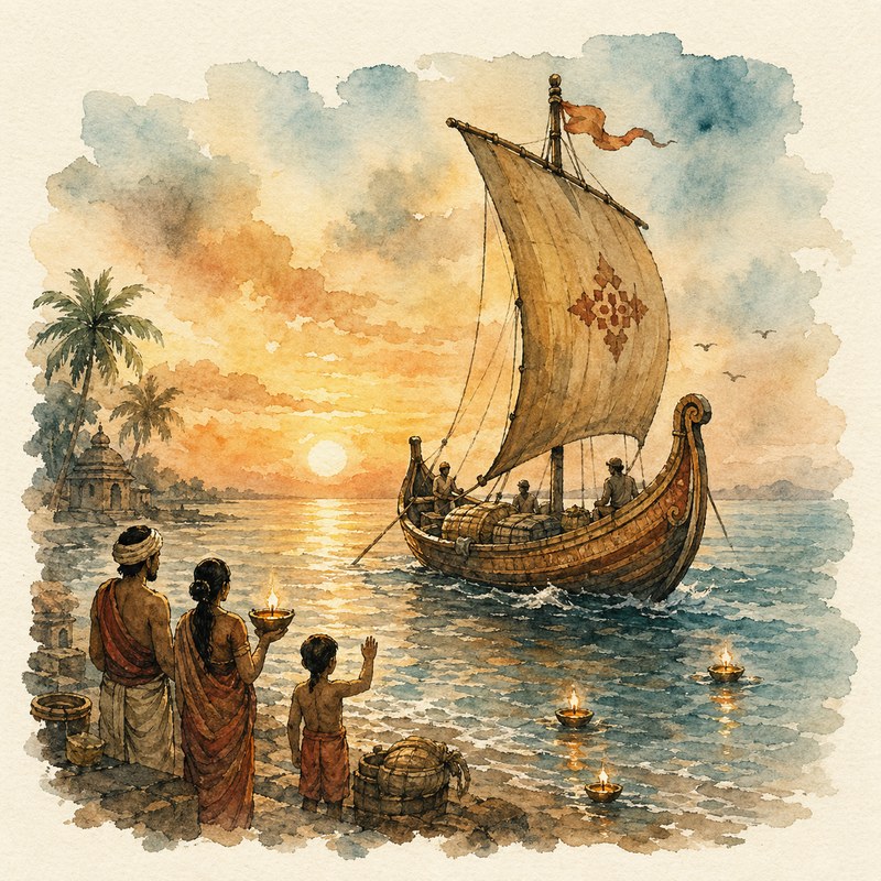 Watercolor boita sailboat leaving an Odisha shore at dawn