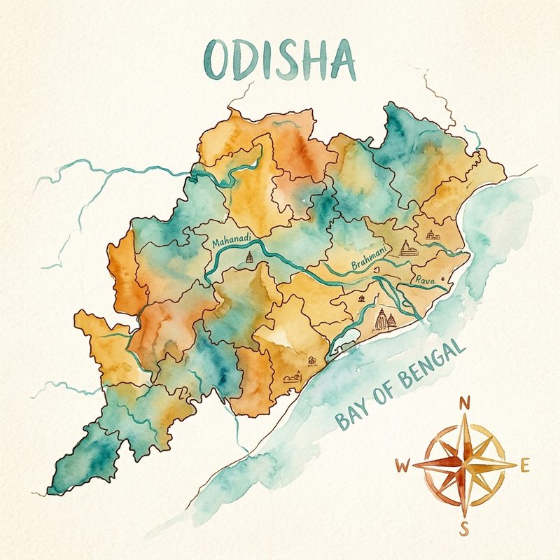 Watercolor map of Odisha with colored districts and compass rose