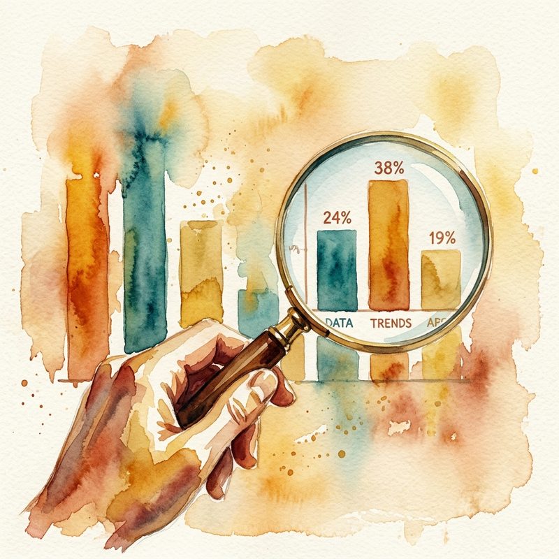 Watercolor magnifying glass over bar chart revealing data