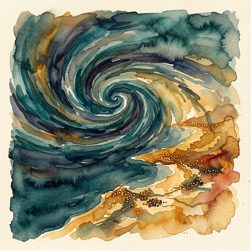 Watercolor cyclone spiral meeting a golden coastline