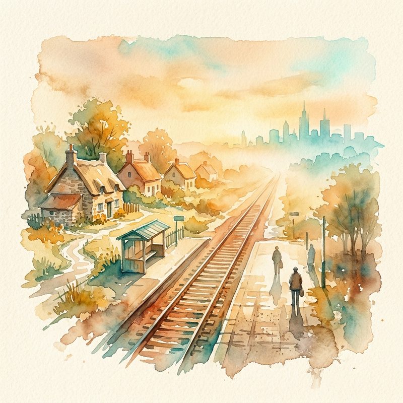 Watercolor railway tracks between village houses and distant city