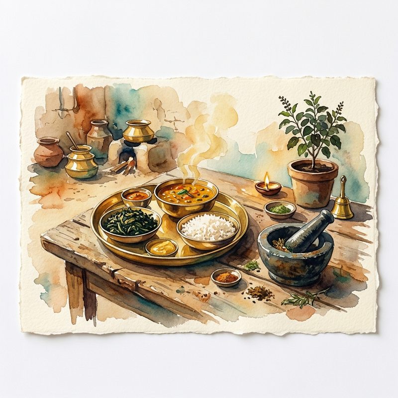 Watercolor brass thali with dalma, saga, rice on wooden table