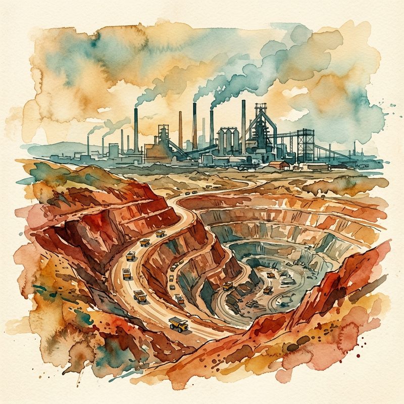 Watercolor open-pit mine with ore trucks and steel plant in distance