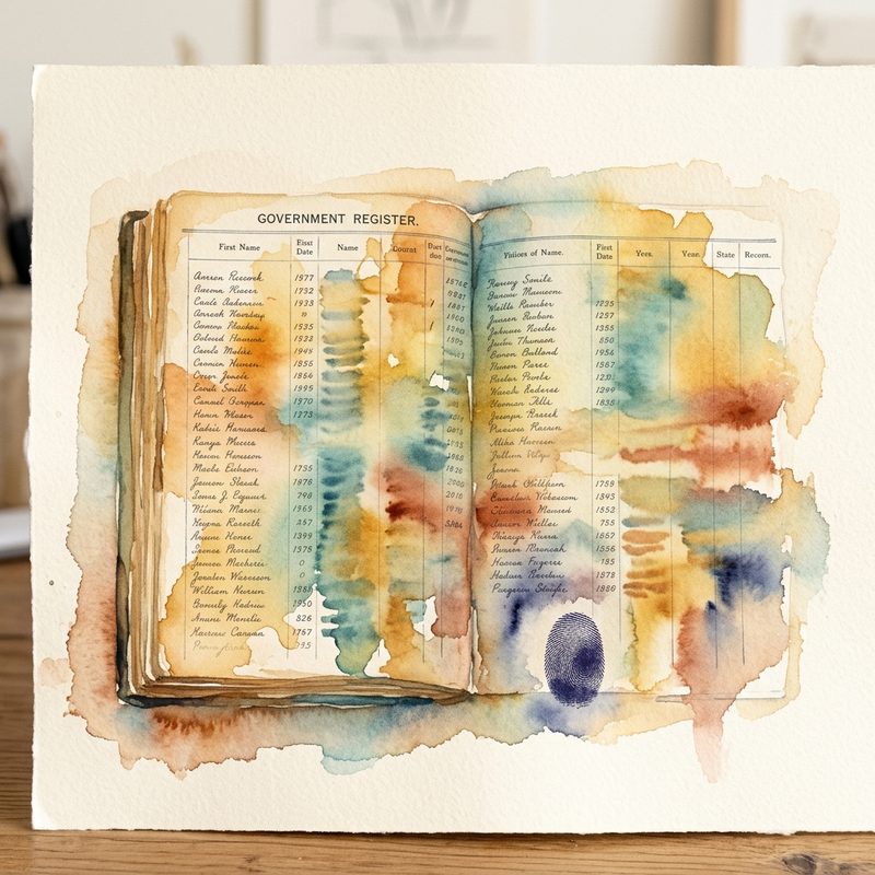Watercolor government register with ink bleeding into color bands