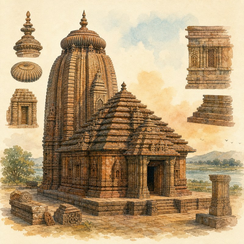 Watercolor study of a Kalinga temple with a curving tower and stepped front hall